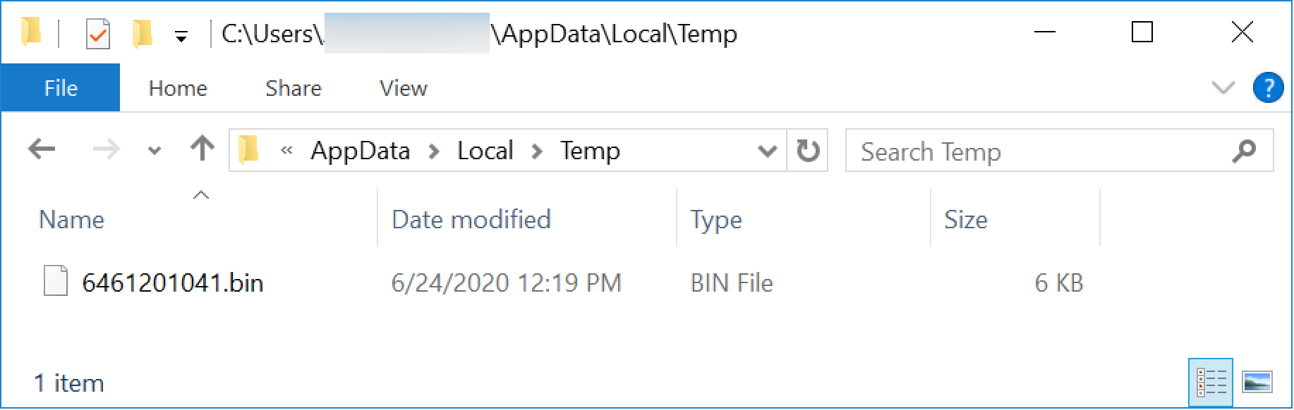 .binで終わるランダムなファイル名として、感染したユーザーのAppData\Local\Tempディレクトリに、Windows実行可能ファイルが作成されます。
