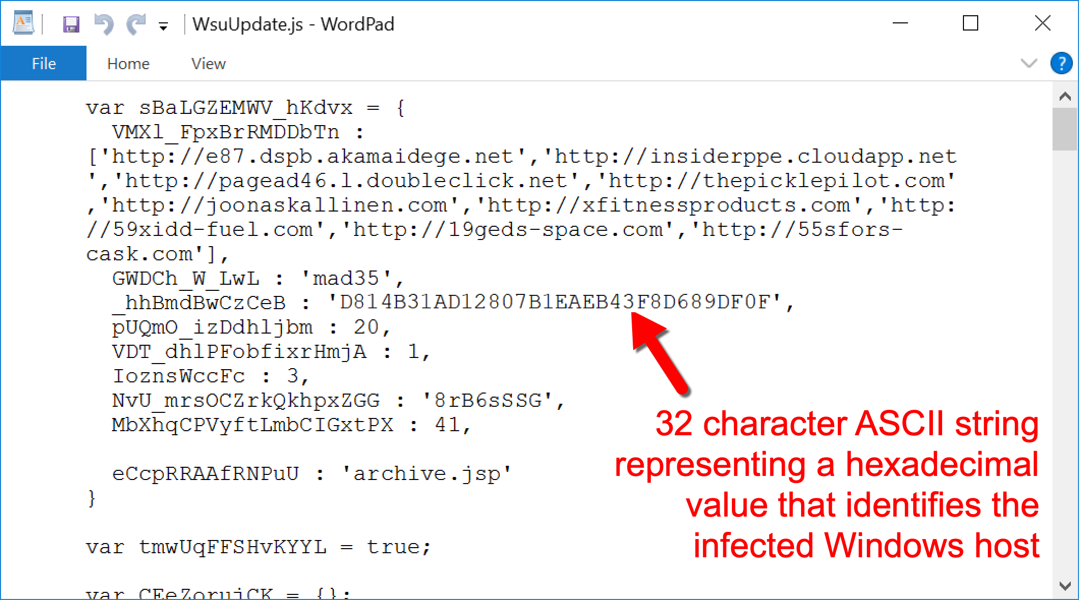 Valak感染の持続性を確立するために使用されるJSファイル内で、感染したWindowsホストを識別する16進値を表す32文字のASCII文字列が見つかりました。