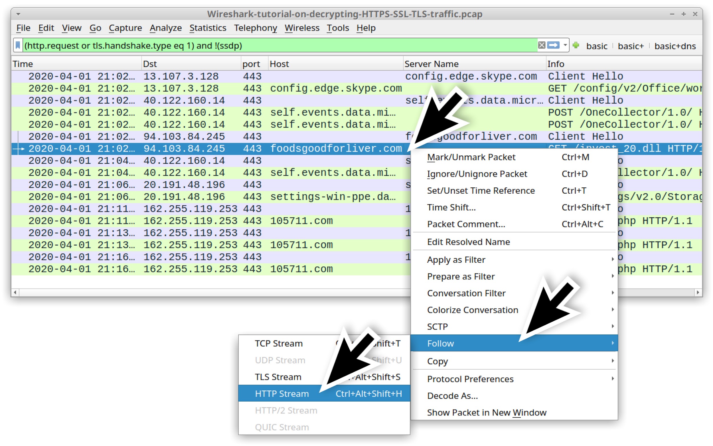 Wireshark-tutorial-on-decrypting-HTTPS-SSL-TLS-traffic.pcap。このスクリーンショットでは、foodsgoodforliver[.]com への GETS リクエストの HTTP ストリームを追跡するための一連の手順を示している