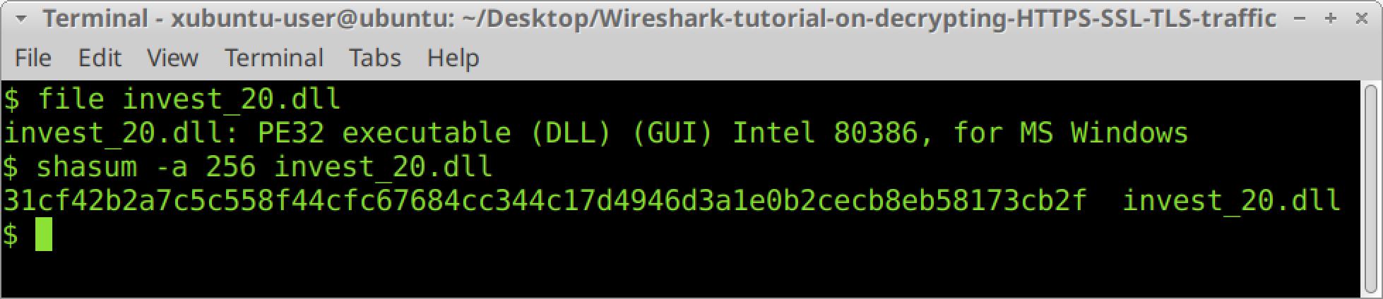 HTTPSトラフィック復号化チュートリアル用のスクリーンショット。BSD、Linux、または Mac OS 環境でターミナルウィンドウを開き、fileコマンドを使用してこれが DLL ファイルであることを確認した後、ファイルの SHA256 ハッシュを取得する方法を示している 