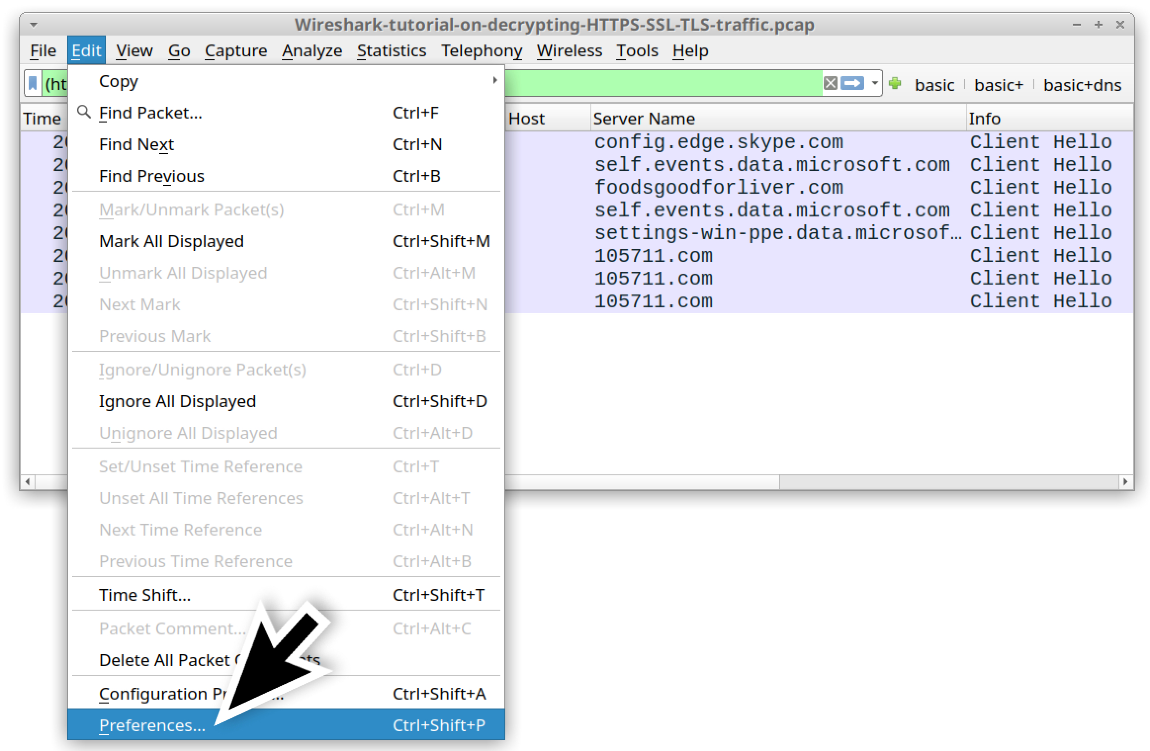 Wireshark-tutorial-on-decrypting-HTTPS-SSL-TLS-traffic.pcap を Wireshark で開いて[編集] メニュー（Mac OS の場合は [Wireshark] メニュー）以下の [Preferences] を開いたところを表示。