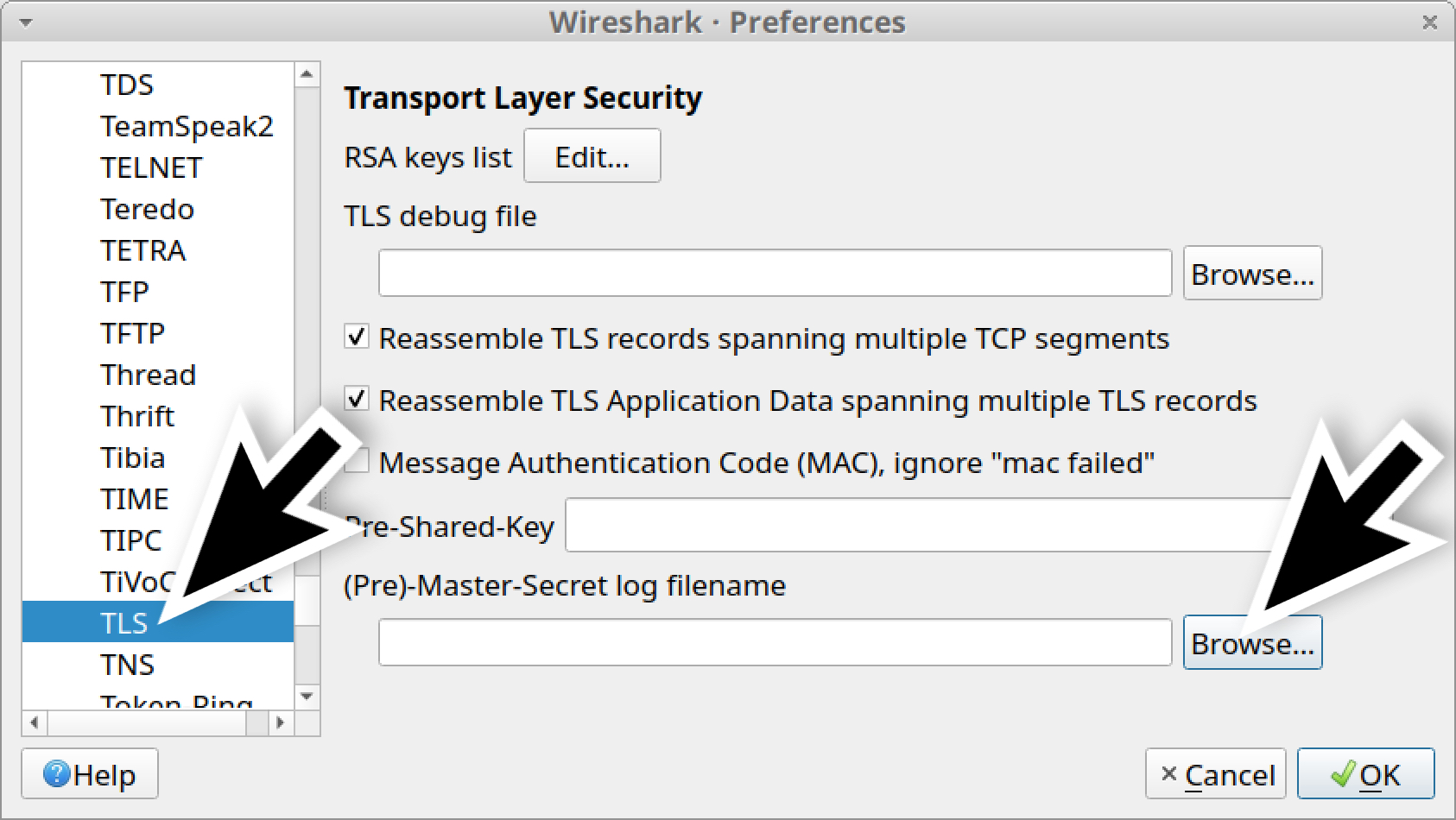 Wireshark 3.x で TLS を選択すると、(Pre)-Master-Secret log filename の行が表示される 