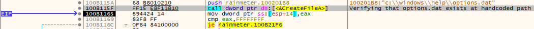 サンプルはCreateFileAを呼び出して、ハードコードされたパス「C:\Windows\help\options.dat」を探しています。