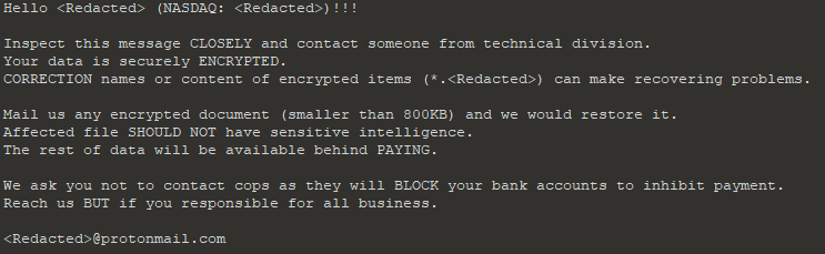 最近のDefray777身代金要求文の例にはこう書かれています。回復に問題が生じる可能性があります。暗号化されたドキュメント(本ほど大きくはありません)をメールで送信していただければ、回復できます。影響を受けたファイルには機密情報は含まれていないはずです。残りのデータは、お支払い後にご利用いただけます。警察へのご連絡はお控えください。未払い勘定が凍結されてお支払いができなくなります。業務を滞りなく進めたければ、ご連絡ください。」