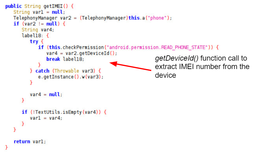 getDeviceId()関数呼び出しを使用して、デバイスからIMEI番号を抽出します（赤い矢印で示したもの）。 