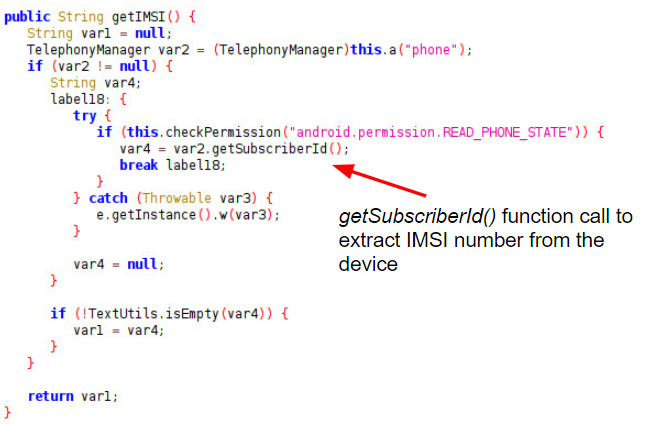 getSubscriberId()関数呼び出しを使用して、デバイスからIMSI番号を抽出します（赤い矢印で示したもの）。 