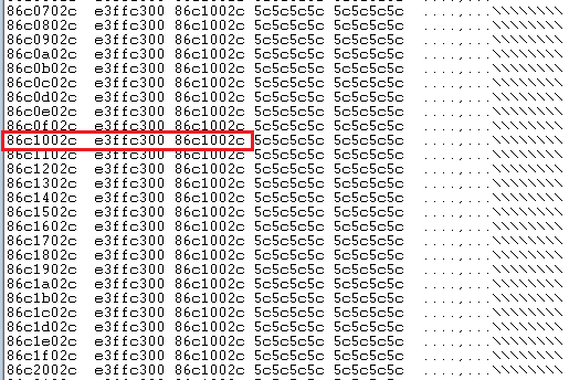 整列された各0x1000アドレスのオフセット0x002cには8バイト分のコントロール可能なデータが存在しています。赤い矩形は重要要素を強調表示しています。 