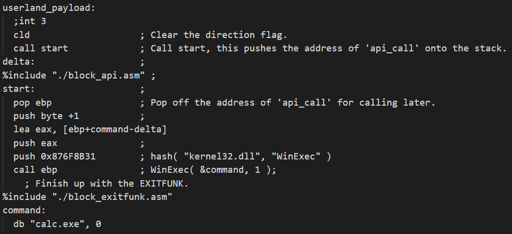 デモ用のWinExec(‘calc’) のユーザーランドシェルコードを示します。 