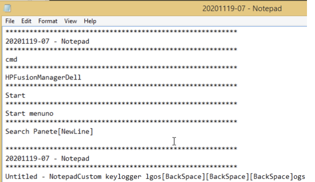 キーロガーは情報をHPFusionManagerDellディレクトリに、ここに示す形式でドロップします。