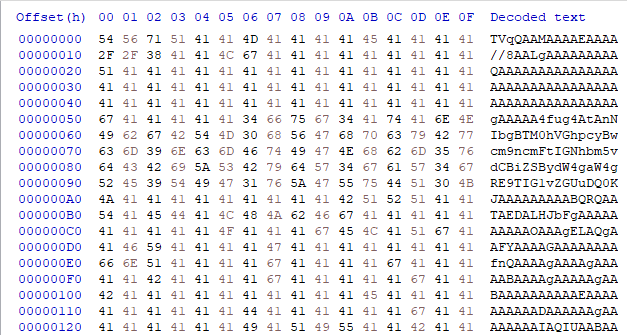 これは「16進数表記文字列でエンコードされた文字列」と「16進数表記文字列をデコード後エンコードされたbase64データ」を表しています。これらは、njRATを監視し、ダウンローダーコンポーネントとその第2段階のマルウェアとの関係を追跡する一環として収集した情報の一部です。 