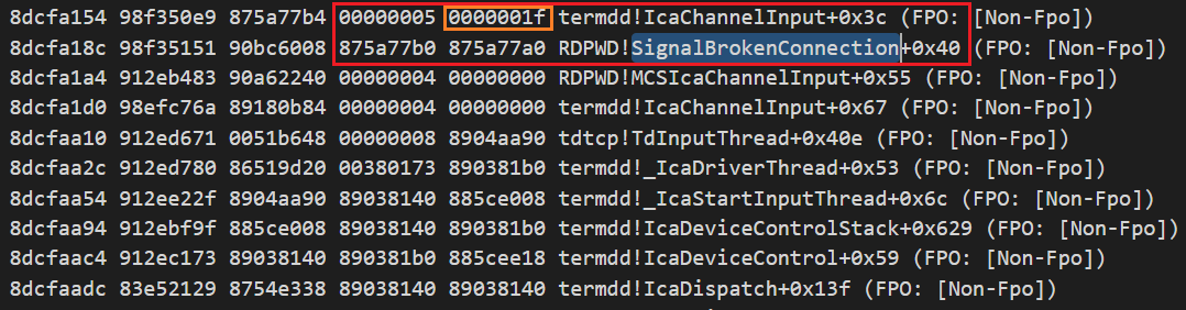 RDPクライアントの接続が切断されると、関数RDPWD!SignalBrokenConnectionが呼び出され、次に関数termdd!IcaChannelInputが呼び出されて、スロット0x1fにある解放済みMS_T120オブジェクトにアクセスします。