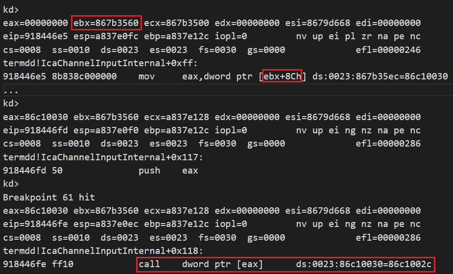 このデバッグログは、オフセット0x8cで偽のオブジェクトアドレスを取得して関数呼び出し（call [eax]）を行い、EIPをコントロールする方法を示したものです。