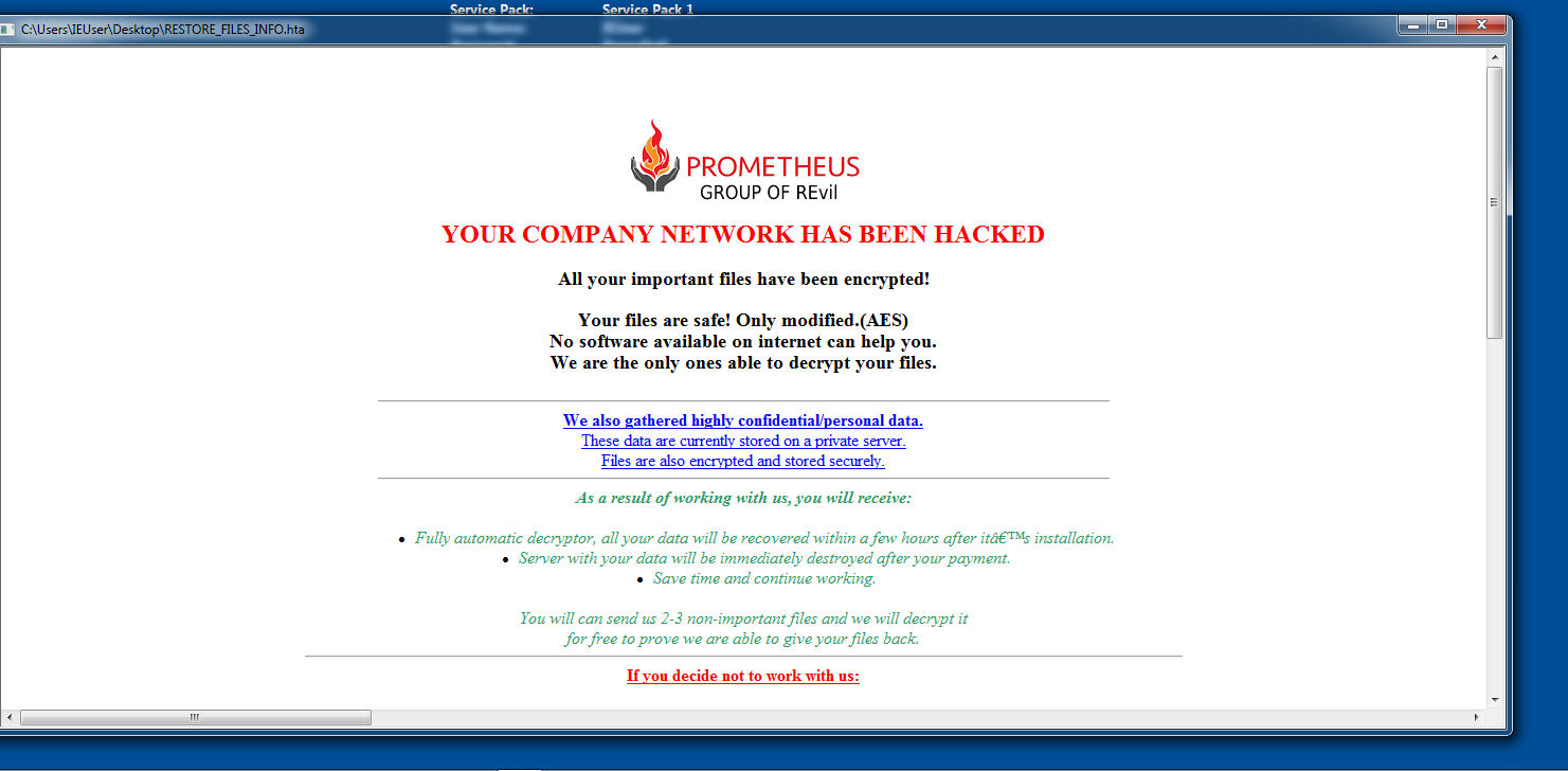 「Your company network has been hacked (あなたの会社のネットワークはハッキングされました)」とPrometheusランサムウェアがドロップしたTXTファイルにha書かれています。そのメモで同グループはREvilとの関連を謳っていますが、Unit 42のリサーチャーはそうした主張を裏付ける証拠は確認していません。 