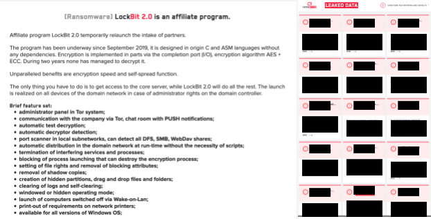 左の画像は、弊社のリサーチャーが確認した4つの新興ランサムウェアグループの1つである「LockBit 2.0」に関連するアフィリエイトプログラムを示しています。この中には、少ない手間でアフィリエイトができるという謳い文句や、「LockBit2.0」の機能についての広告が含まれています。右の画像は、LockBitのリークサイトを修正したものです。 