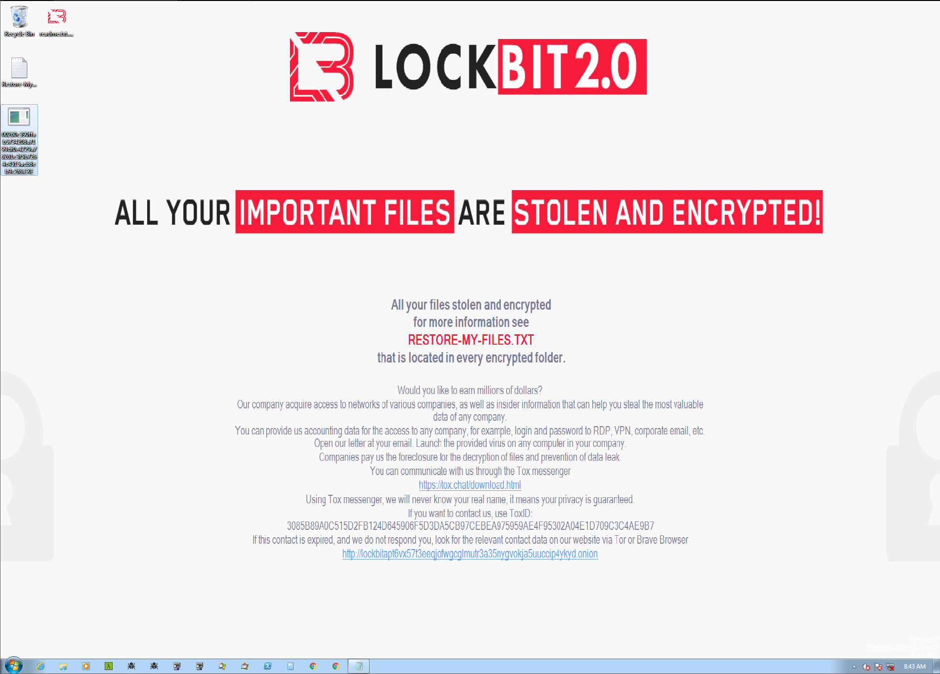 LockBitの攻撃が成功すると、このソフトウェアは被害者のデスクトップの壁紙を変更する。 