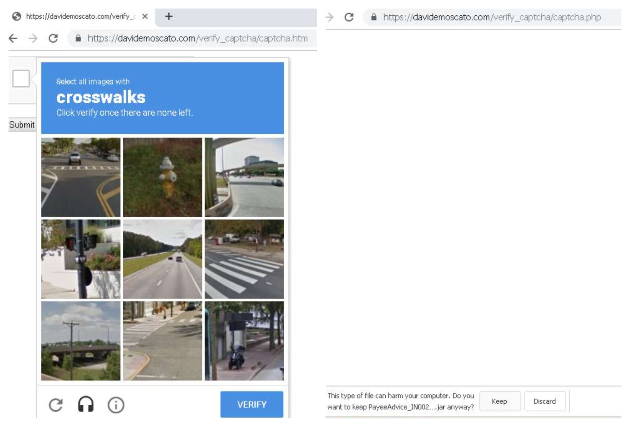 横断歩道を含むすべての画像を選択するよう求める検証ページの背後に隠されたマルウェアのスクリーンショット