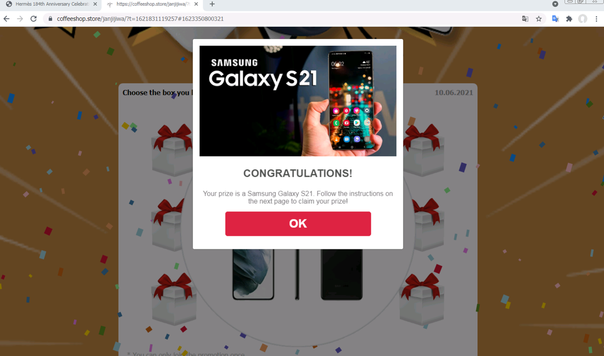 弊社のPhishingJSモデルが検出したこの高度にインタラクティブな詐欺ページはユーザーがSamsung Galaxy S2に無料で当たったと主張しています。 