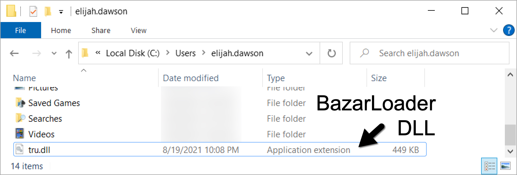 BazarLoader DLLは、感染ユーザーのホームディレクトリに保存される。スクリーンショットの黒い矢印はこのDLLがあらわれる場所を示す 