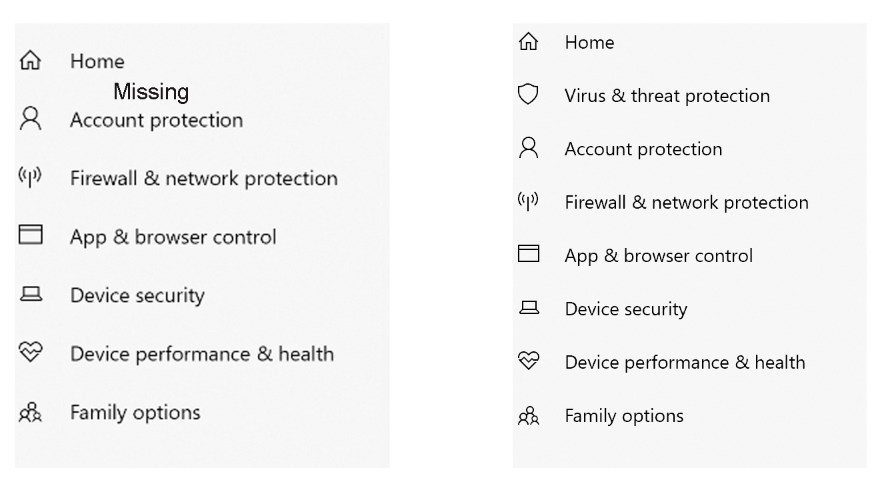 WhisperGateマルウェアがWindows Securityから「Virus & threat protection(ウイルスと脅威の防止)」を削除した様子を示すスクリーンショット 