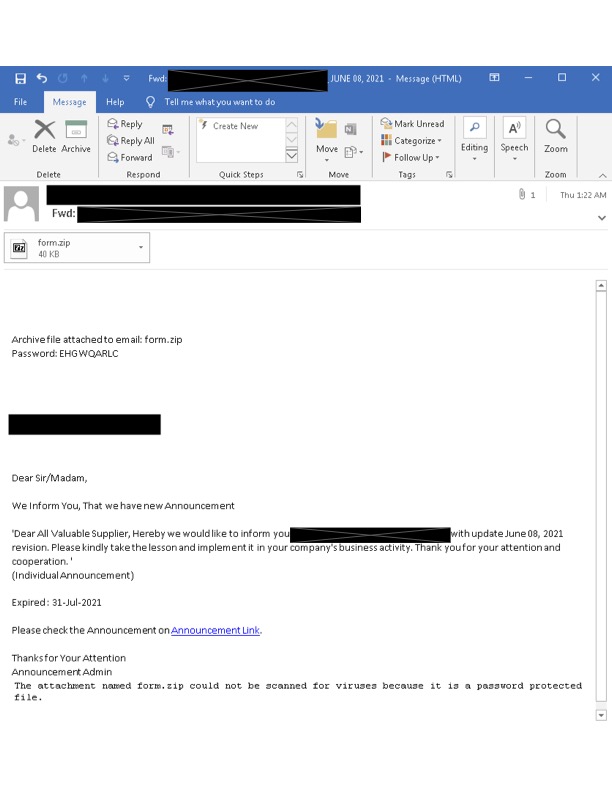 2022年1月27日に送信されたEmotetによりスレッドハイジャックされたメールのルアーサンプル