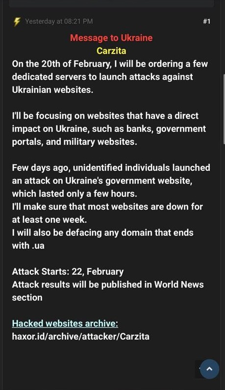 ロシア・ウクライナ問題に関連してRaidForumsに投稿されたCarzitaの投稿内容。投稿で「ウクライナのWebサイトに対する攻撃を開始し、.uaで終わるドメインを改ざんする」と脅迫している。