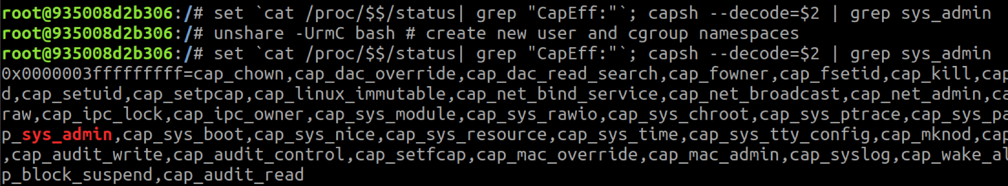 コンテナがCAP_SYS_ADMINケイパビリティを持つ新たなユーザー名前空間を作成しているところ