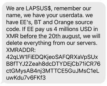 Lapsus$グループの初期アクティビティのテキストメッセージのスクリーンショット。このメッセージはユーザーデータを削除すると脅し、自画自賛している