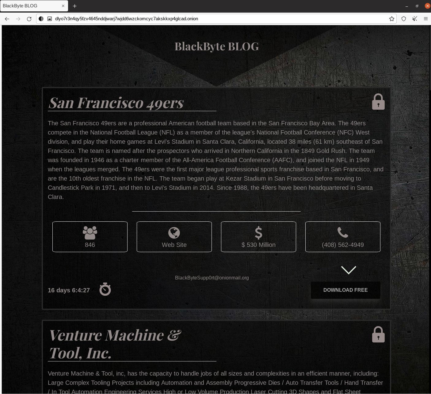 BlackByteブログのSan Francisco 49ersに関するエントリのスクリーンショット。チームに関する情報、従業員数、要求された身代金額、電話番号が記載されている。 
