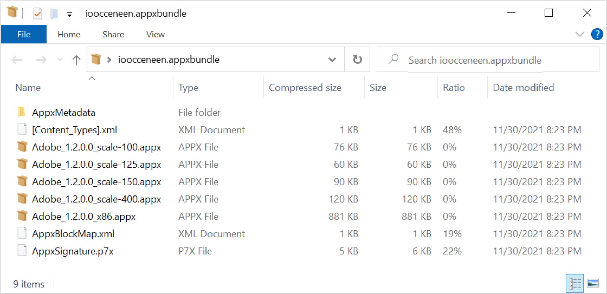 悪意のある.appxbundleの内容。拡張子が.appxのZIPアーカイブを含むさまざまなファイルが含まれている。.appxbundle全体は、Emotet DLLを取得し、脆弱なWindowsホスト上で実行するようにしくまれている。 