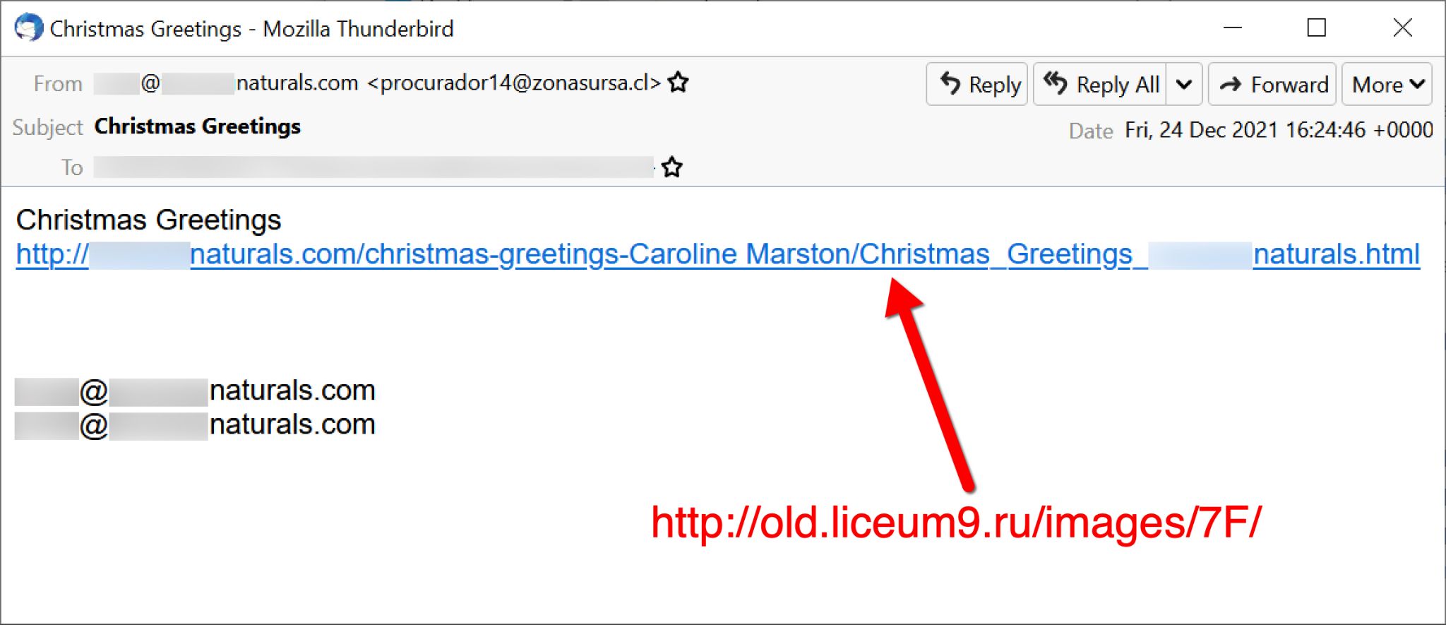 12月24日に観測されたEmotetをプッシュするメール。クリスマスをテーマにしていた。赤い矢印は悪意のあるリンクを示し、実際のリンク先を赤で表示している。 