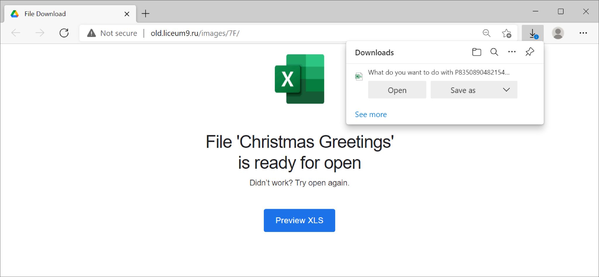 Emotetにつながる悪質なExcelスプレッドシートを配信するサイト。ページには File 'Christmas Greetings' is ready for open というメッセージ 