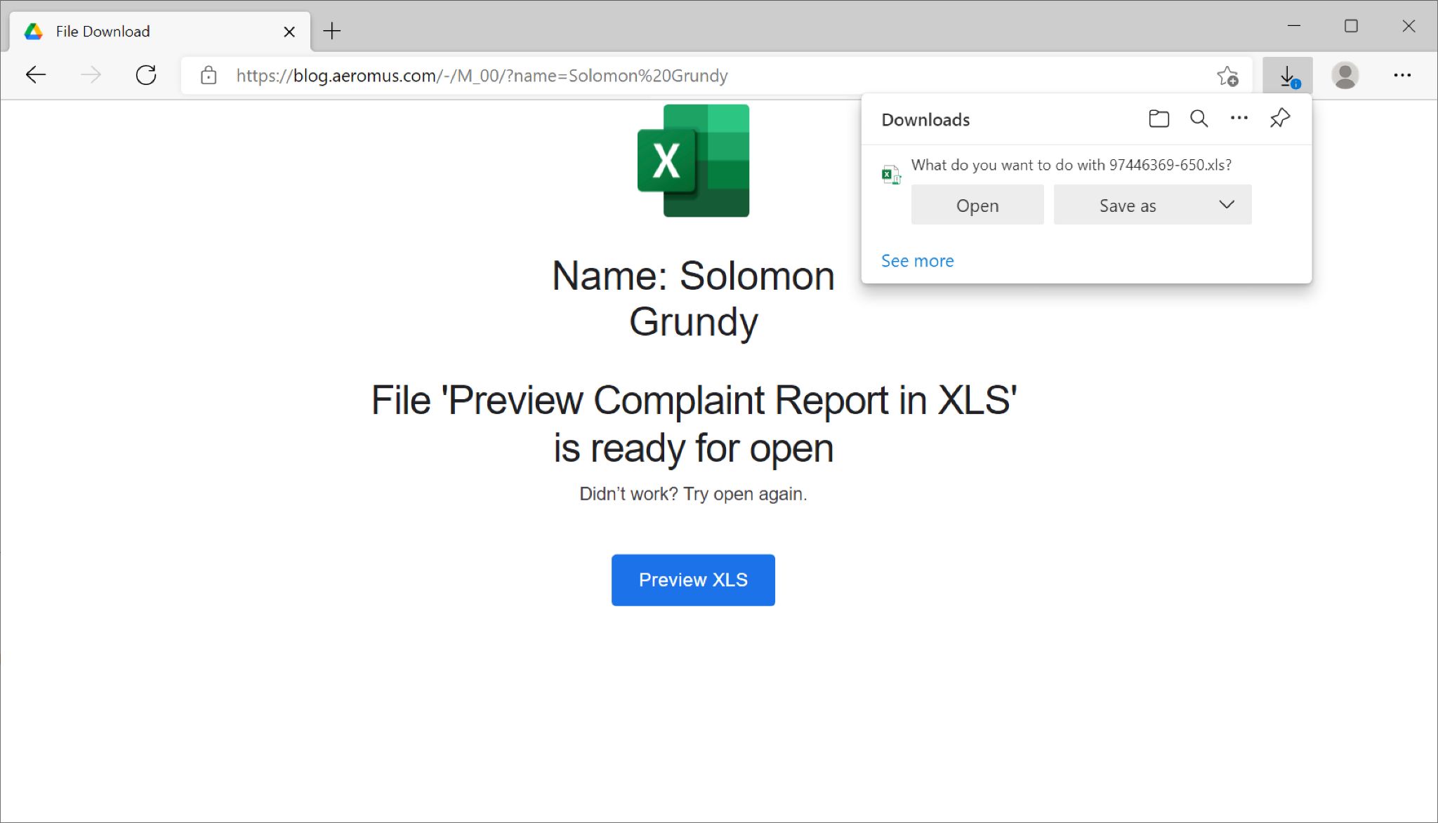 偽の苦情報告ページは図のような悪意のあるExcelスプレッドシートを配信しようとする。このスクリーンショットにはFile 'Preview Compmlaint Report in XLS' is ready for openというメッセージが表示されている。 