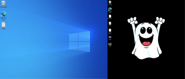 図4 デスクトップ壁紙が変更されている。旧亜種(左)は変更がなく新亜種(右)は幽霊に変更している