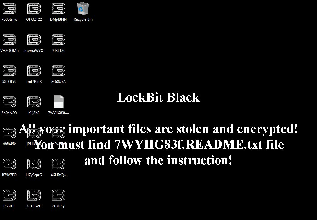 このスクリーンショットには「LockBit Black - All your important files are stolen and encrypted! (LockBit Black - あなたの大切なファイルはすべて盗まれ暗号化された!)You must find 7WYIIG83f.README.txt file and follow the instruction!(7WYIIG83f.README.txtというファイルを見つけて、その指示に従いなさい!)」と書かれている
