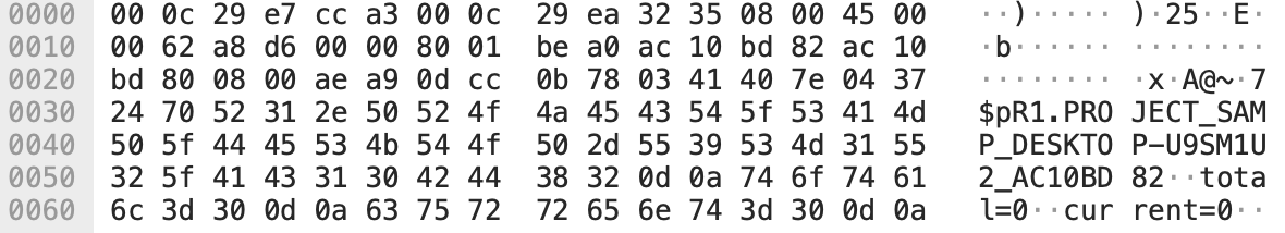 図1のICMPパケットのデータセクション。PingPullがコードにハードコードした0x702437047E404103(\x03\x41\x40\x7E\x04\x37\x24\x70)という8バイト値で始まり、その直後にハードコードした「R」が続く。