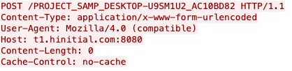 PingPullがビーコンとして送信したPOSTリクエストの例。ファイル名はsamp.exe、分析システムのホスト名はDESKTOP-U9SM1U2、システムのIPは172.16.189[.]130。