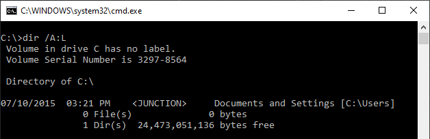 このスクリーンショットは、NTFSでジャンクションを使用して、あるディレクトリを別のディレクトリ(この場合、Documents and Settings)にリンクした例を示しています。 