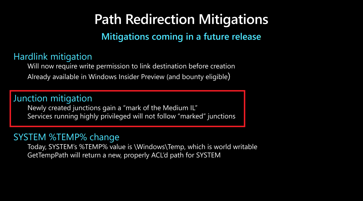 このプレゼンテーションスライドには「Path Redirection Mitigations - Mitigations coming in future release」と書かれています。Hardlink mitigation - will now require write permission to link destination before creation. Already available in Windows Insider Preview (and bounty eligible). Junction mitigation - Newly created junctions gain a 