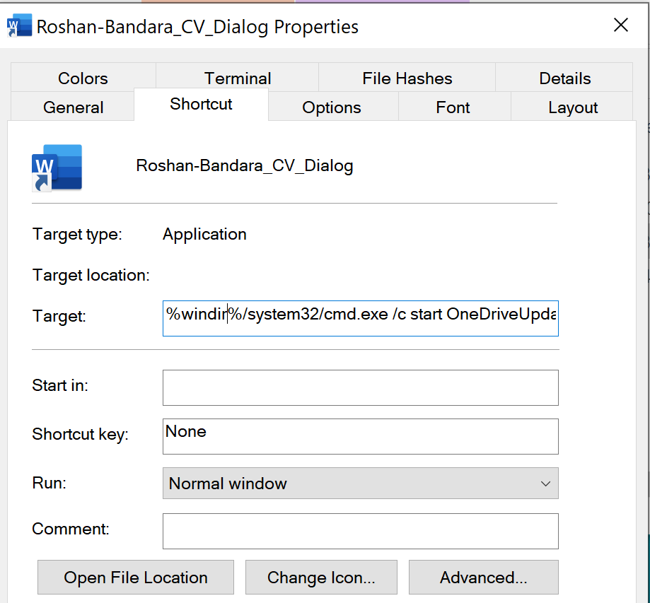 Roshan-Bandara-CV-Dialogのプロパティを開いたときに表示される内容のスクリーンショット 