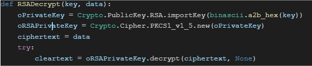 2 つのパラメータを受け取るRSADecrypt()関数のスクリーンショット。1つめのパラメータは秘密鍵、2つめのパラメータは暗号化されたCookieの値。 