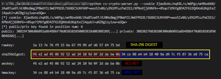 黄色の矩形でこのマルウェアサンプルに含まれるSHA-256ダイジェストをハイライト表示しています。赤で囲った部分がAES鍵で青で囲った部分がHMAC鍵です。これら2つを合わせてメタデータの暗号化・復号のハッシュと鍵を構成しています。