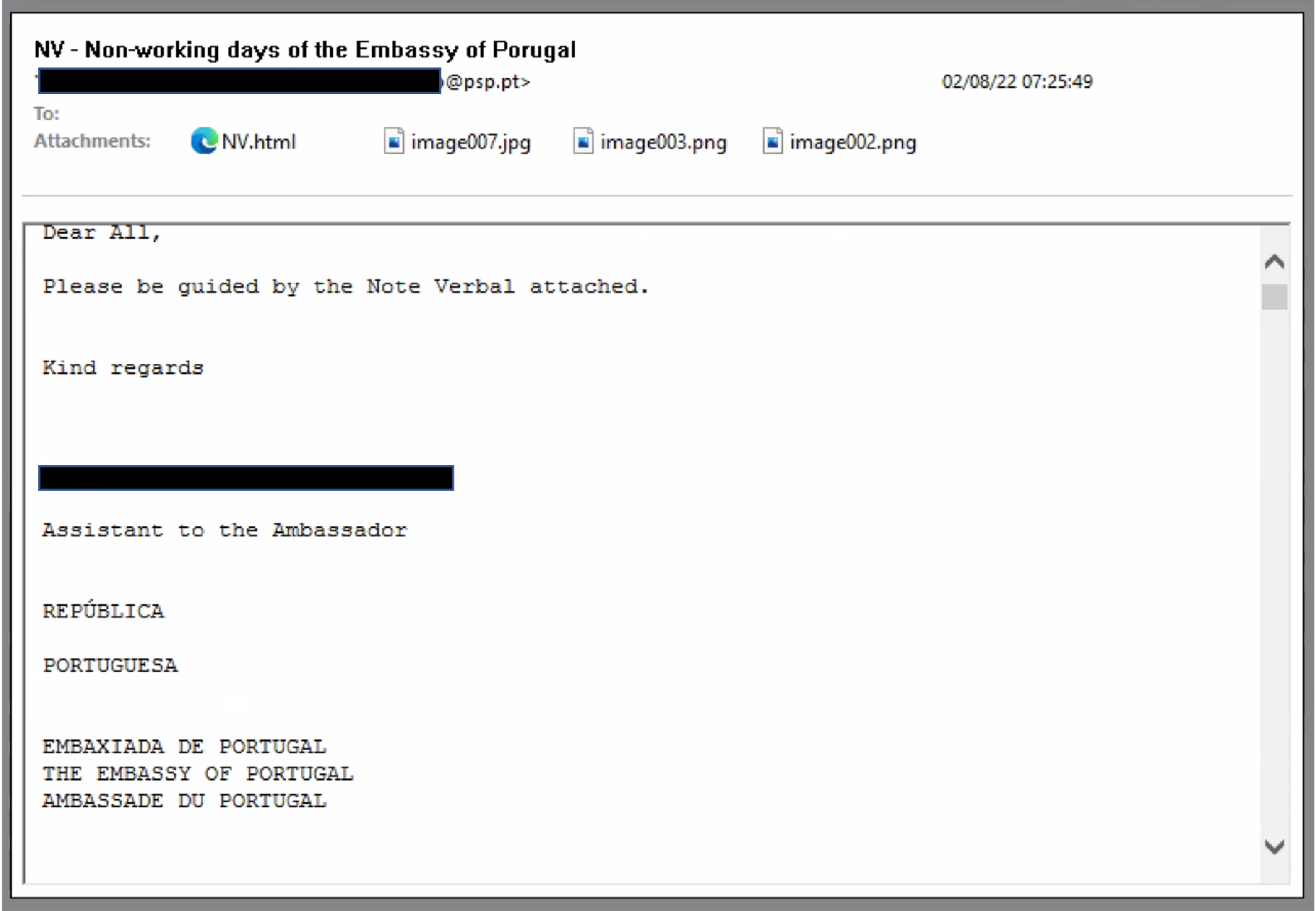 オーストリア外務省への電子メールおとりにはこのように記載されています。 