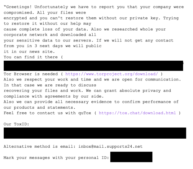 身代金要求メモのサンプル。メモは「Greetings!」から始まっている。その後は、「Unfortunately we have to report you that your company were compromised. All your files were encrypted and you can...」とつづく。