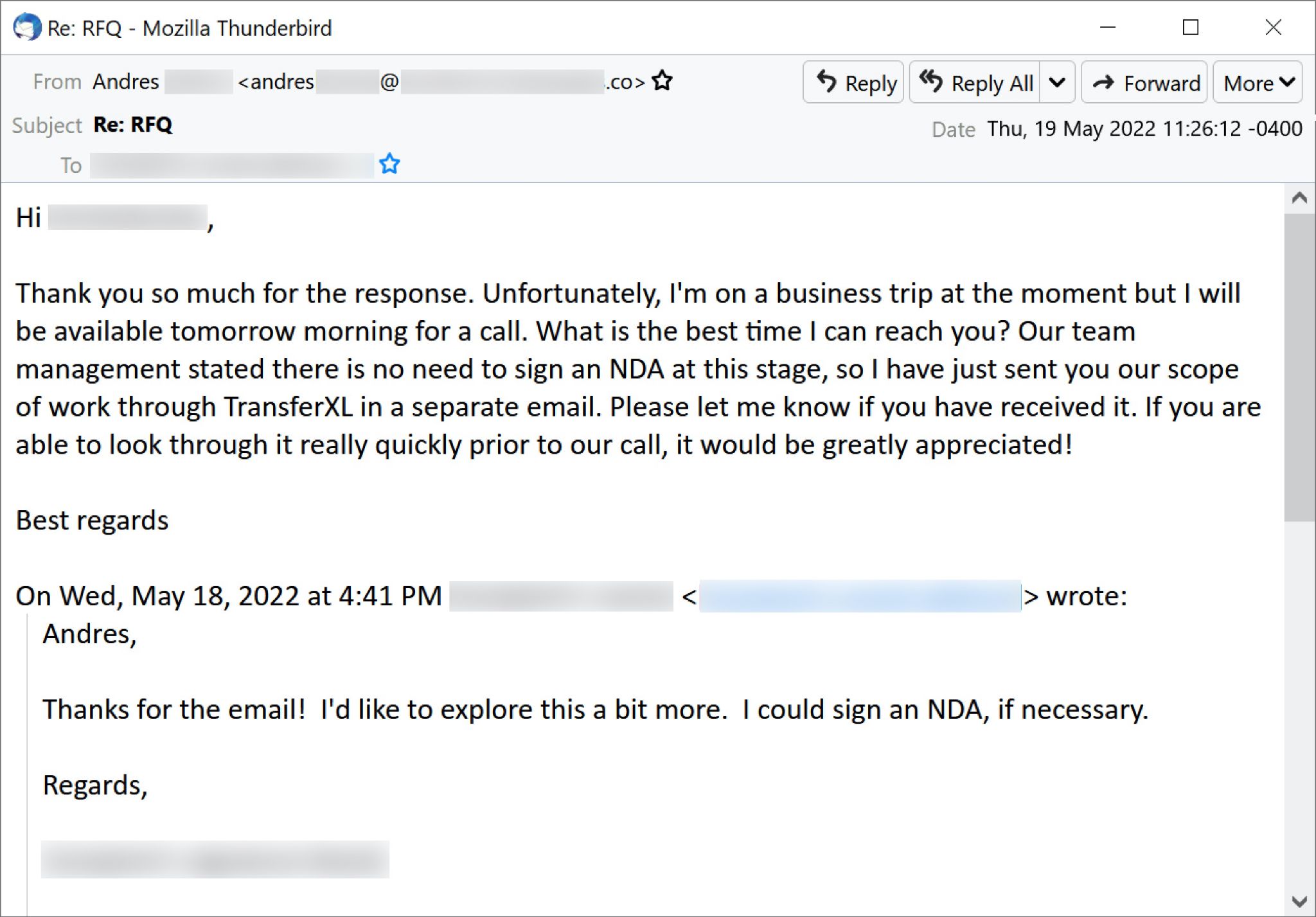 被害者メールから図2に示したメールへの返信を受け取ると、Projector Libraはこの図に示したメールで返信しました。このメールでは、受信者にNDAへの署名は必要ないと伝える一方で、作業範囲記述書をTransferXLから別のメールで送信したと書かれています。そして受信者に、そのファイルの受領確認を返信したうえで、電話での打ち合わせの前にファイルに目を通すよう求めています。 